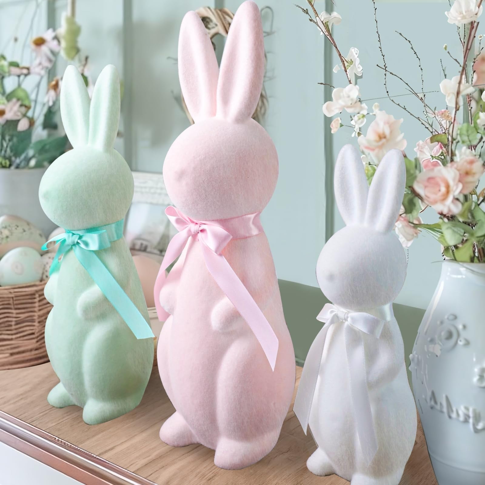 Easter Bunny Flocked Bunny Cute Rabbits Enhance Your Easter Decor with Flocking Plush Bunnies - Delightful Spring Gifts for All (3PCS)