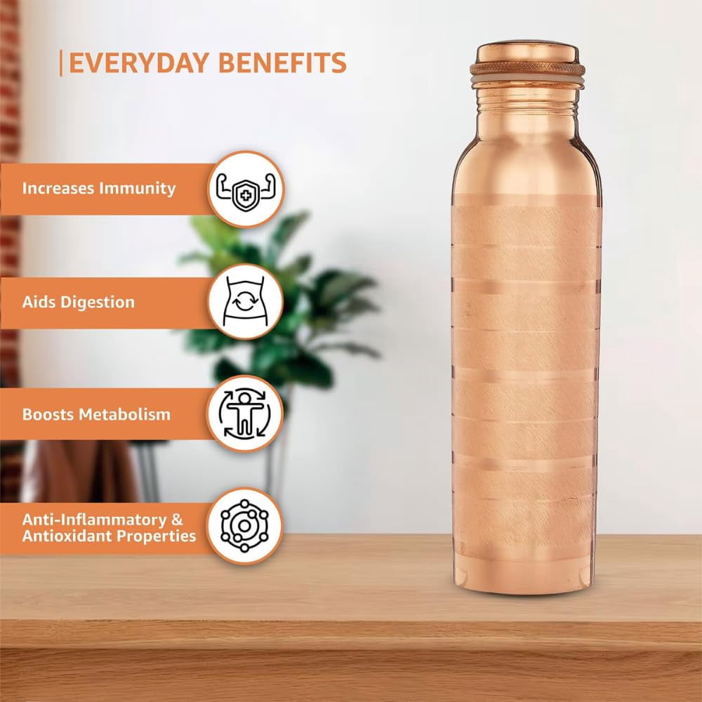 Copper Water Bottle 1 litre, with 2 copper glass Plain, Copper bottle 1 litre | Office water Bottle copper | Yoga Bottle | Hiking | Treking Bottle | Travel Bottle (Lacer Design) 1 Pitambari Free.