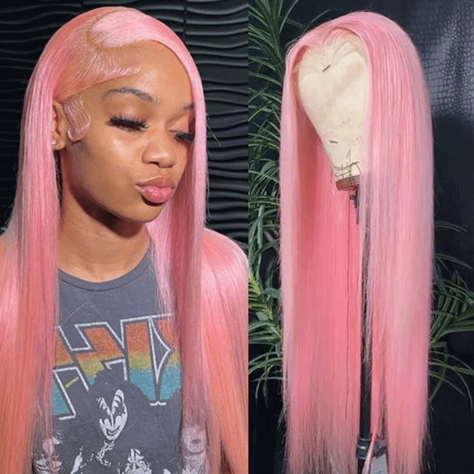 Rose Pink Colored 13x4 Lace Front Wig Straight Brazilian Remy Human Hair Wigs Preplucked Natural Hairline High Density Elegant Hairstyle For Women Daily&Birthday&Wedding Use Wig 180 Density 22 Inch