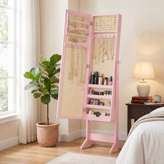 LIVIZA Mirrored Standing Jewelry Armoire Cabinet with Hooks & Storage Shelves, Full-Length Mirror Jewelry Organizer,Pink