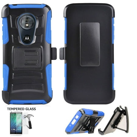 For Motorola Moto G7 Play Case /Moto G7 Optimo Case (not for G7/G7-Plus/G7-Power/G7-Supra) Screen Protector +Combo Holster Belt Clip with Rugged Cover Stand (Holster Blue Edge Case + Tempered 