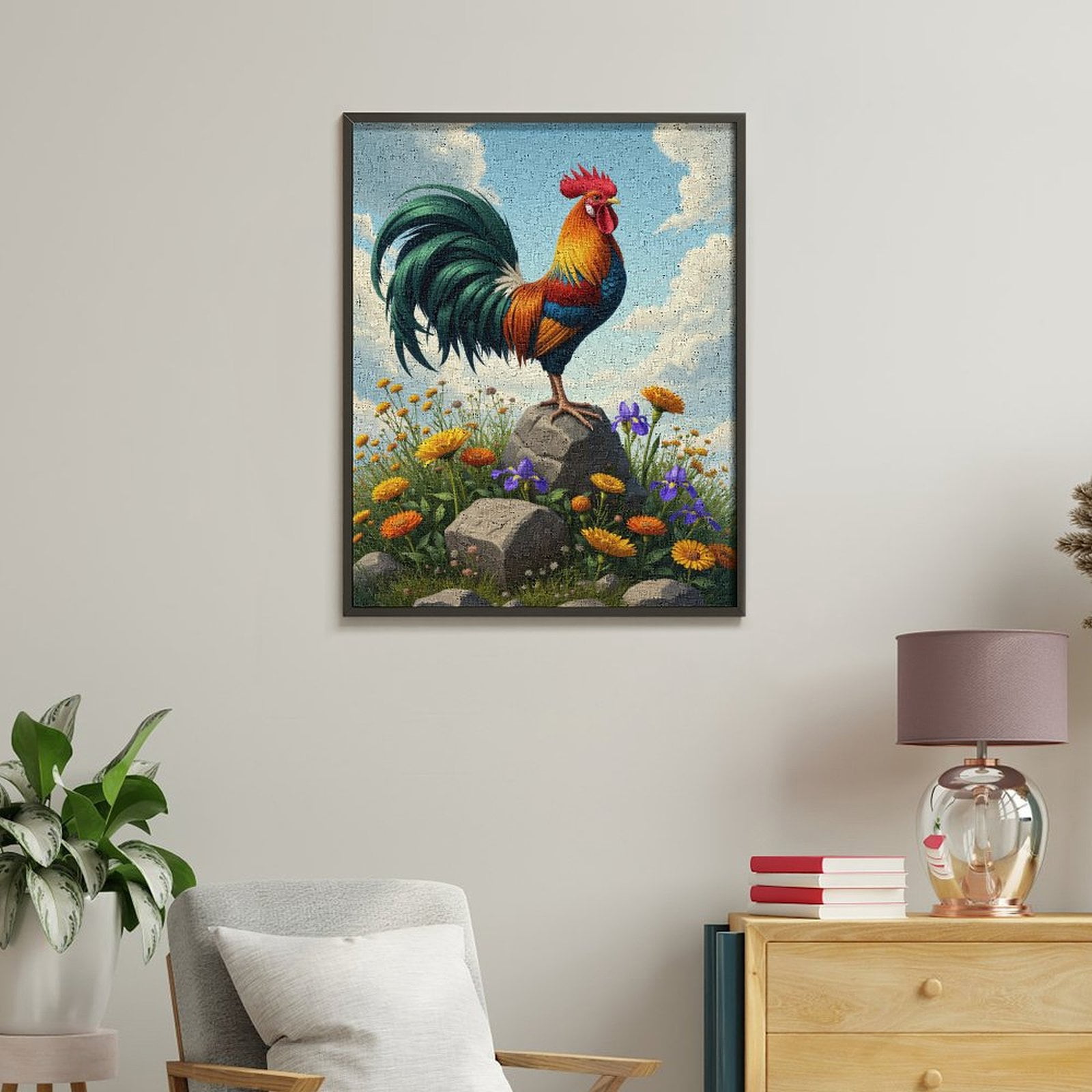 Paint By Numbers Kit for Adults Beginner - DIY Majestic Rooster On Floral Rocks Canvas Painting Kits for Adults, Frameless Paint By Number for Adults for Home Wall Decor 16x20 Inch