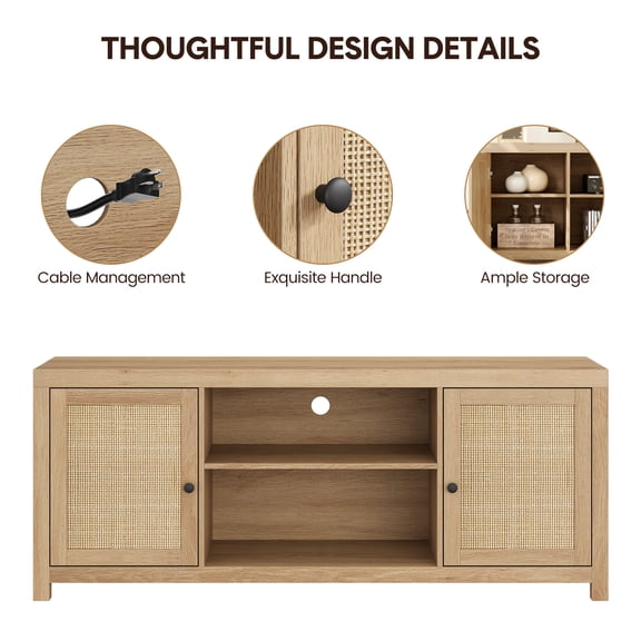 EastVita Rattan TV Stand for 65 Inch TV,Boho Entertainment Center,Wooden TV & Media Console Cabinet with Storage & Doors,Under TV Furniture