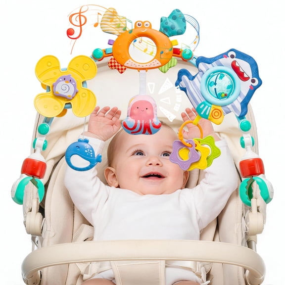 Caunedy Baby Stroller Arch Toy,Adjustable Arch Bassinet Toys with Hanging Sensory Activity Toys for Babies 0-12 Months,Used on Crib Bassinet Car Seat and Bouncer