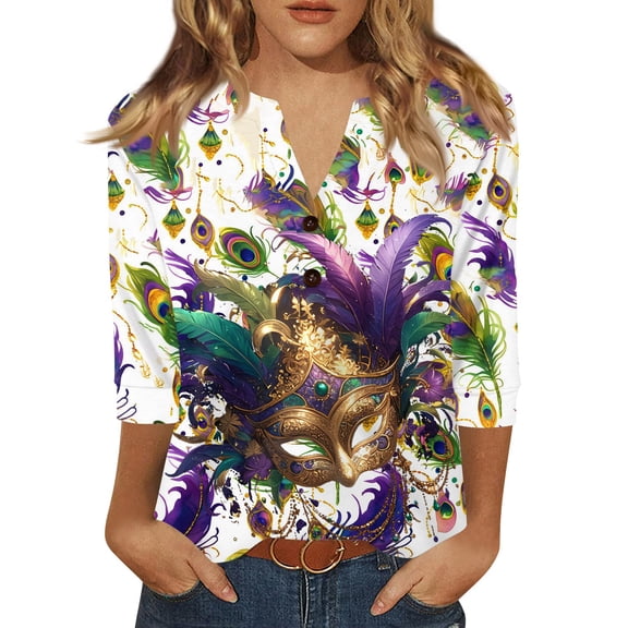 Dresfit Mardi Gras Shirts Womens 3/4 Sleeve Graphic Party Blouse 2026 Plus Size V Neck Parade T-Shirt Slim Fit Holiday Tunic Top Dark Purple XL
