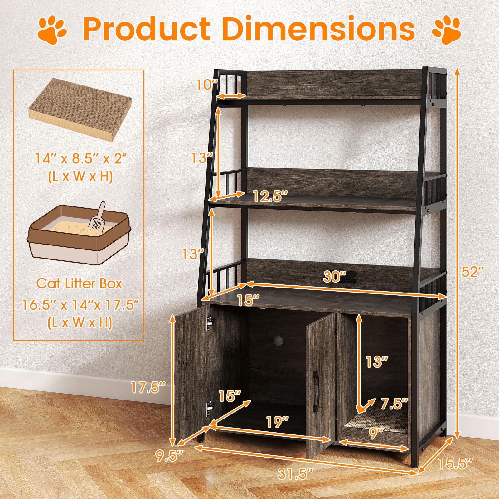 Costway Cat Litter Box Enclosure with Storage Shelves with Scratching Pad, Charging Station