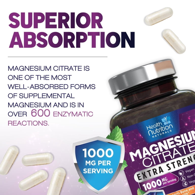 Health Nutrition Naturals Magnesium Citrate Capsules 1000mg, High  Absorption, Digestive Support, 60 Capsules - Walmart.com