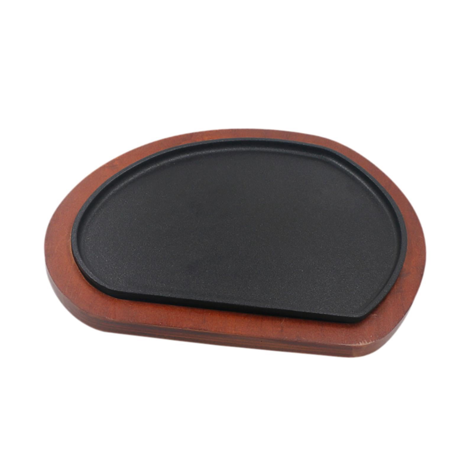 Baoblaze Cast Iron Steak Plate Wood Tray Griddle Steak Plate, Nonstick Cooking Plate Fajita Skillet for Home Picnic Camping Restaurant
