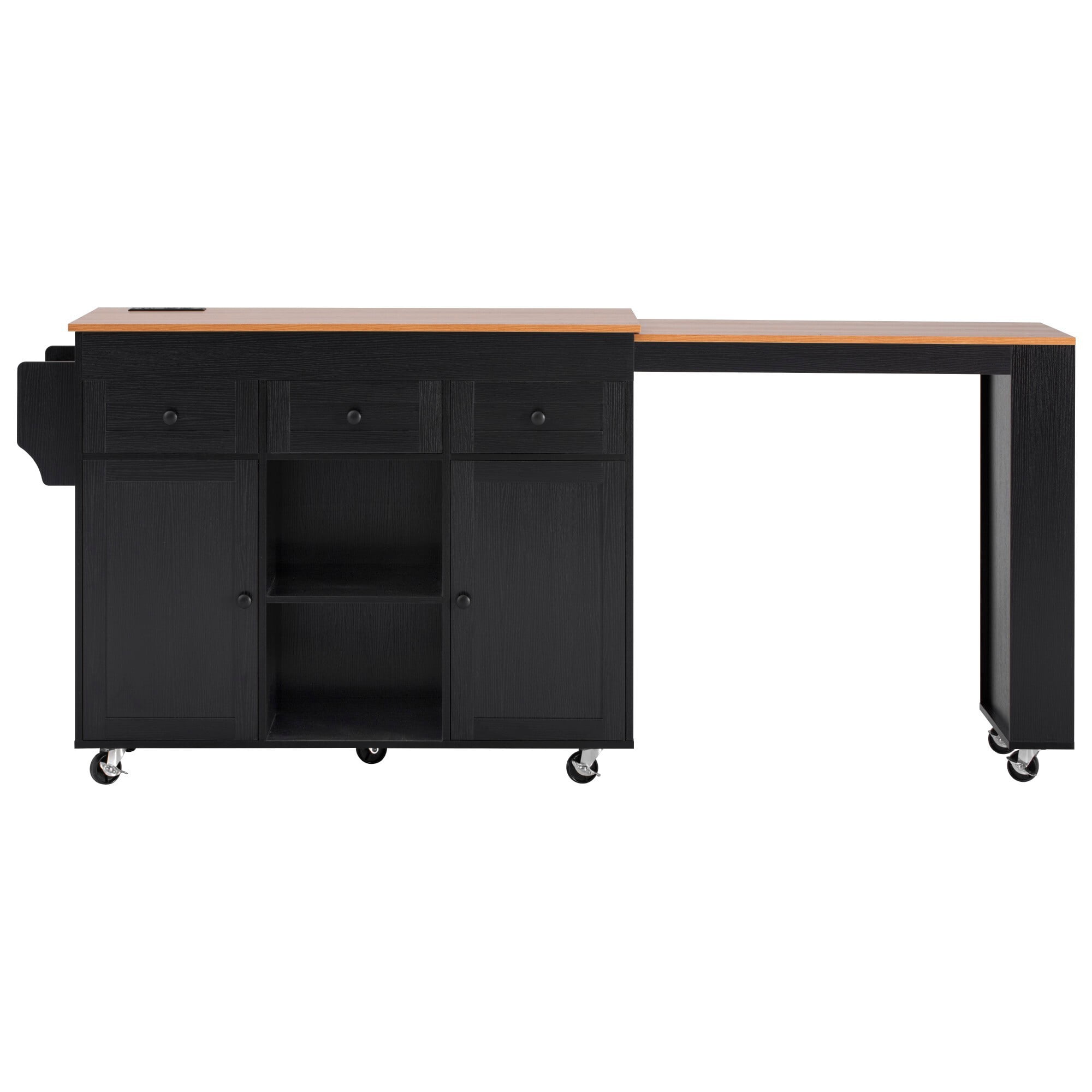 AENKYO 85.5" Kitchen Island with Extendable Table, Charging Station, Mobile Serving Cart with Storage Shelves, Black