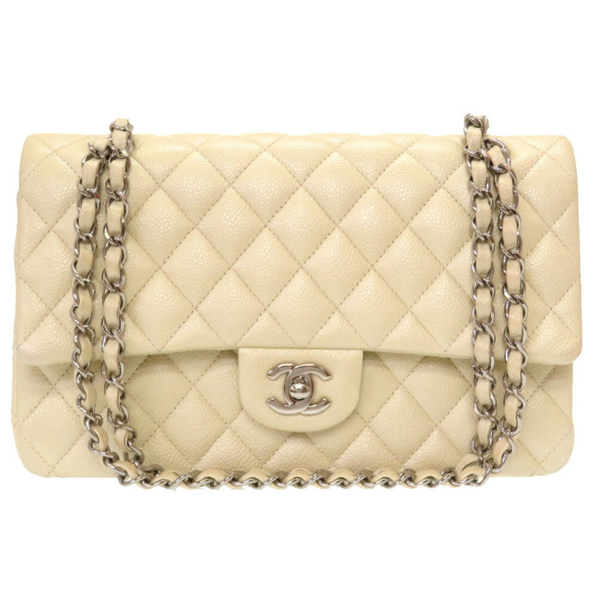 Used Chanel Matelasse 25 Caviar Skin Double Flap Ivory 24 Series Coco Mark  Silver Chain Shoulder Bag - Walmart.com