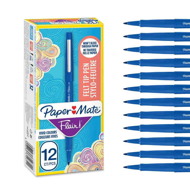 Bolígrafos con punta de fieltro Paper Mate Flair de punta mediana, color azul, 0,7 mm, 12