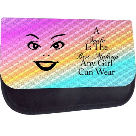 A Smile is the Best Makeup Any Girl Can Wear-Colorful Print Design - Black Medium Sized Cosmetic Case - Makeup Bag - Nylon Lined - with 2 Zippered