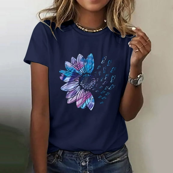 CAMERIARI Sunflower Short Sleeve Crew Neck Tshirts Shirts for Women, Size S-3XL, Big&Tall, Blue, Women's Sunflower Summer T Shirt Plus Size Loose Top Tops Girls Short Sleeve Graphic Casual T Shirt