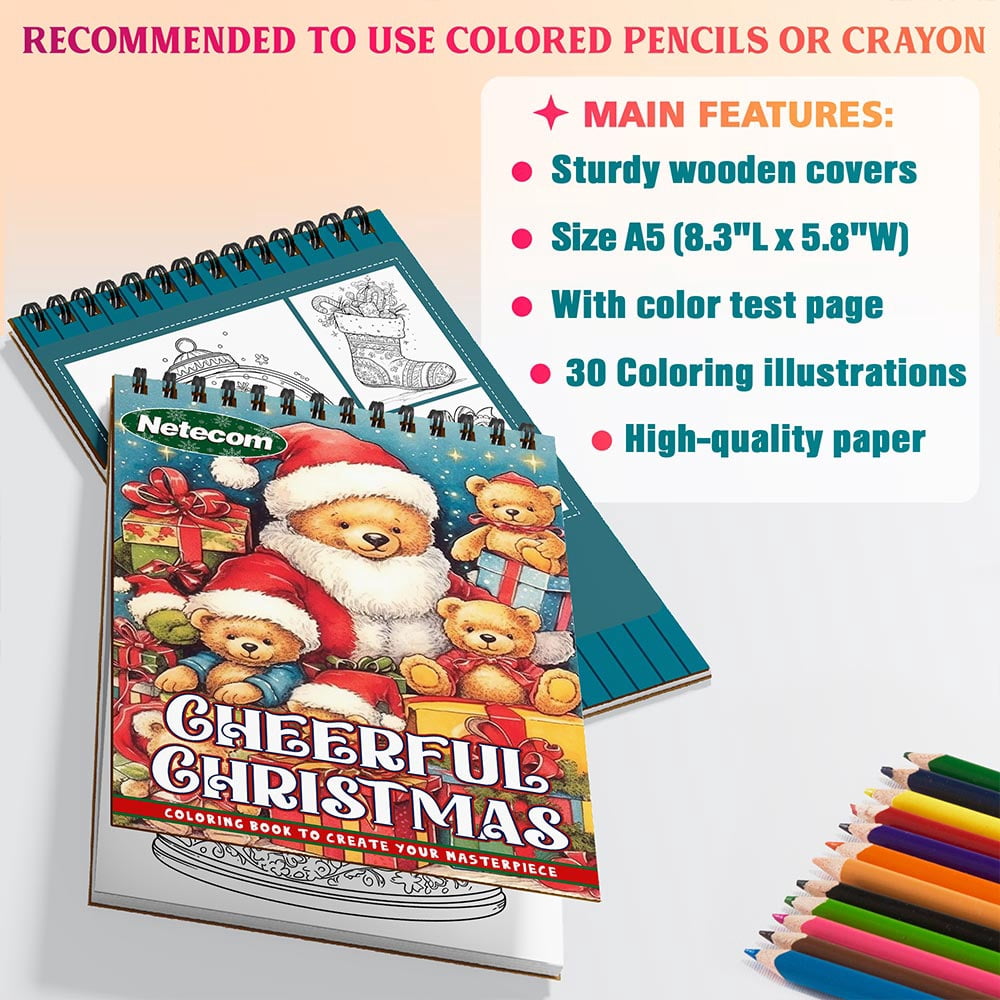 Netecom Cheerful Christmas Coloring Book Spiral Bound For Adults, A5 Wooden Cover, 30 Joyful Coloring Pages of Festive Holiday Scenes for Stress Relief and Relaxation