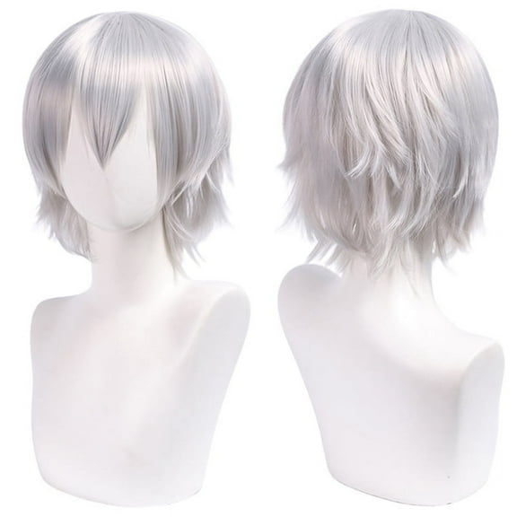 XmhyTop Unisex Short Anime-Style Cosplay Wig, Fluffy Layered Heat-Resistant Synthetic Hair, with Bangs, Ideal for Costume Parties, Prom & Themed Events，Silvery white