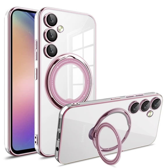 JTCASES for Samsung Galaxy S22 Plus Case, Crystal-clear TPU Backplane with Adjustable Ring Bracket Lens Film Protection Support MagSafe Shockproof Hybird Shell, Pink