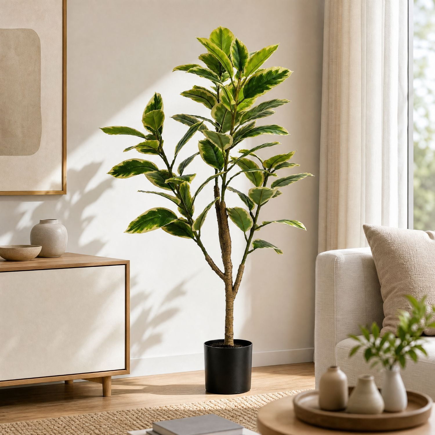 Easy4Home 5FT Artificial Variegated Rubber Plant Faux Ficus Elastica Tineke Tree Potted Indoor Floor Plant - Simple Assembly Needed