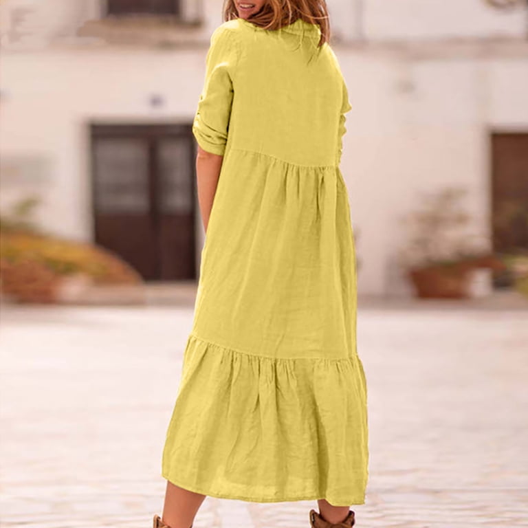 knee length dresses for ladies Candace Woven 100% Linen Maxi Dress in Soft Yellow main image 1