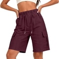 thumbnail image 4 of Oiangi Women's Cargo Shorts Elastic Waist Drawstring Hiking Shorts Straight Leg Basic Knee Shorts with Multi-Pocket Wine S, 4 of 7
