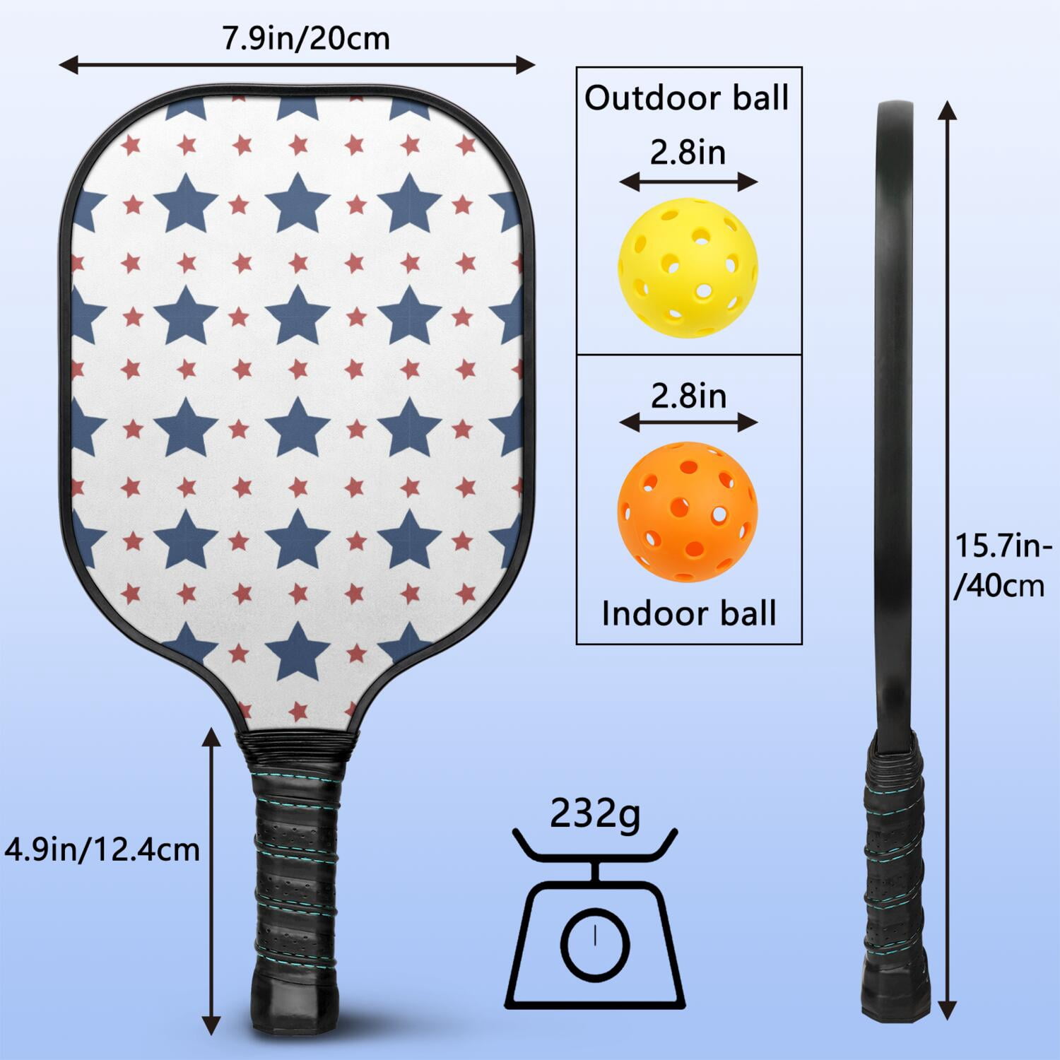 Pickleball Paddles Set Of 1, Fiberglass Surface, USA, Star Print, 1 Paddle, 2 Balls & Bag