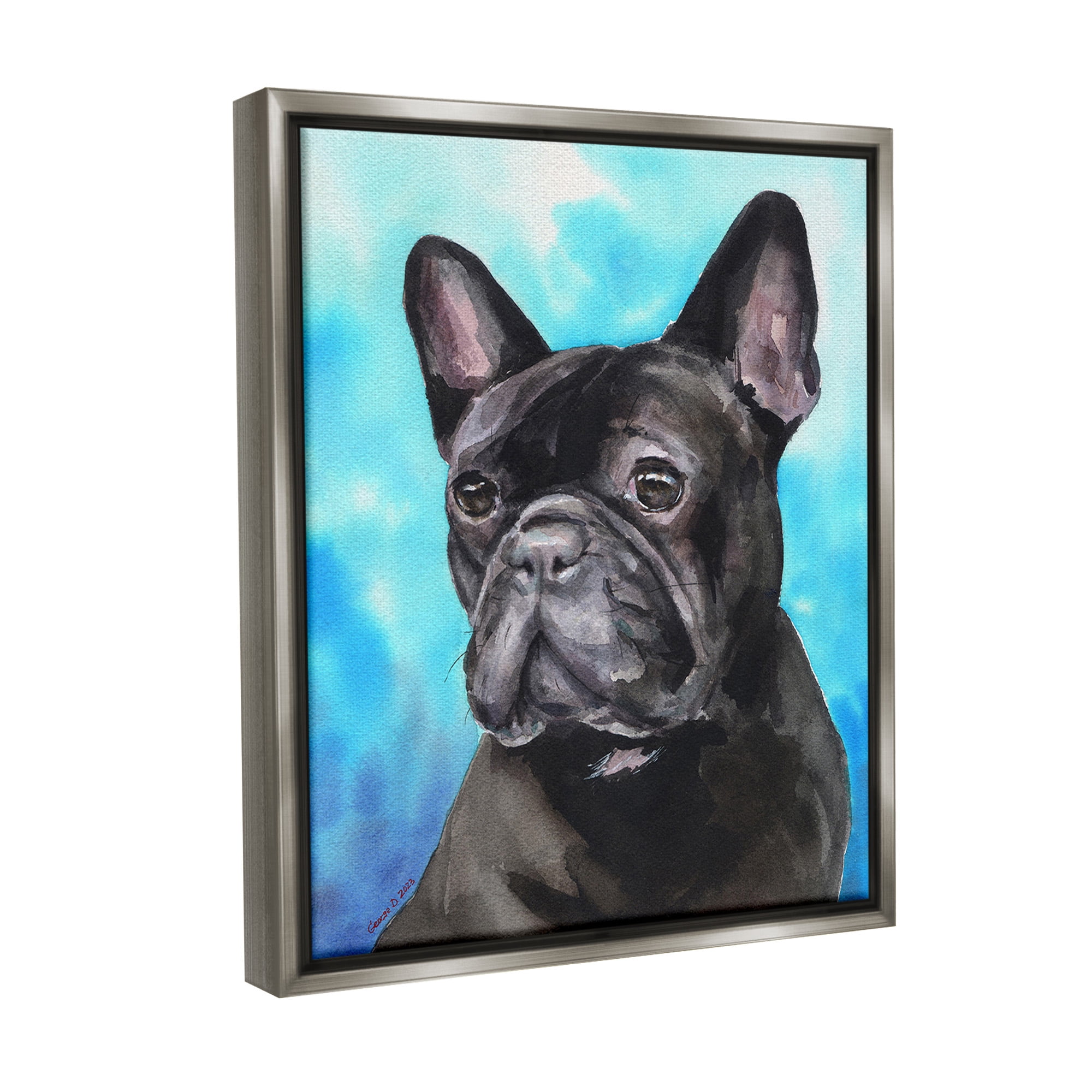 Stupell Industries French Bulldog on Blue Animals & Insects Painting Gray Floater Framed Canvas Art Print Wall Art, 25 x 31