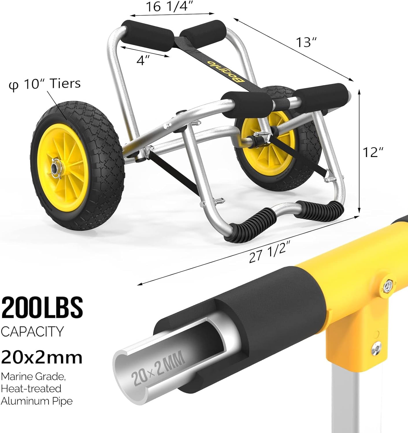 Bonnlo Kayak Cart Dolly Kayak Wheels Detachable Canoe Cart with Solid Tires and Kickstand Kayak Trolley