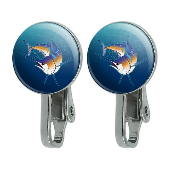 Blue Marlin Swimming in Ocean Novelty Clip-On Stud Earrings