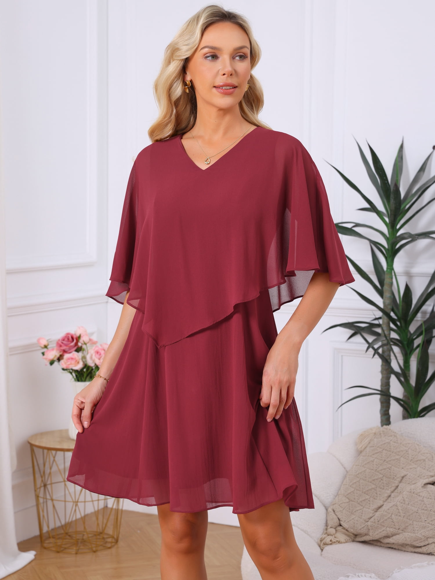 DARING DIVA Women's Chiffon Half Sleeve V Neck Wedding Guest Dress S Wine Red