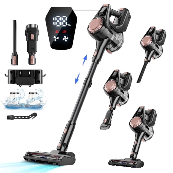 HOOFUN Cordless Vacuum Cleaner, 50mins Runtime, Powerful Stick Vacuum 6*2600mah Rechargeable Cordless Vacuum for Carpet, Tile, Pet Hair, Hardwood Floors, rose gold