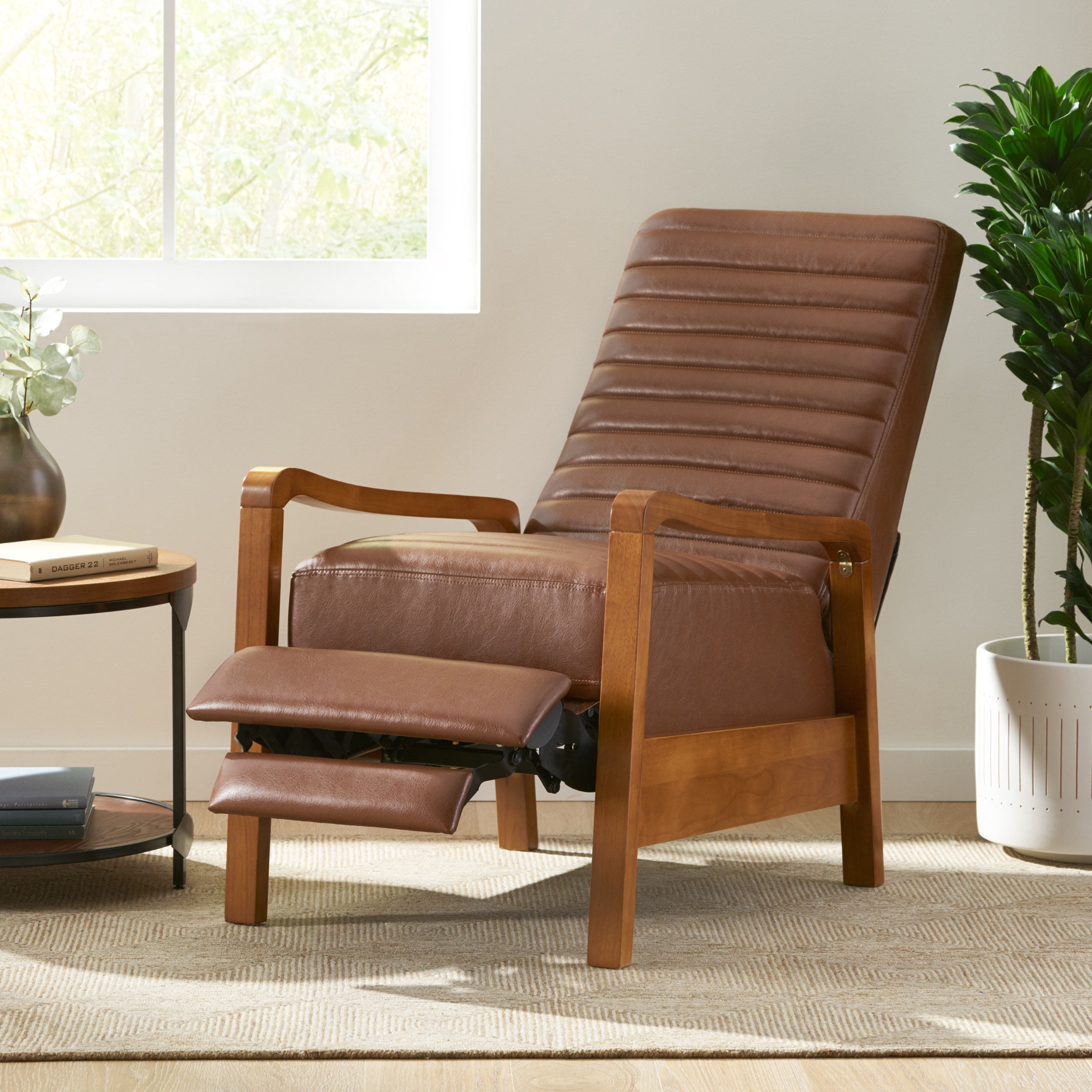 Noble House Judith Upholstered Channel Stitch Pushback Recliner, Cognac Brown and Teak