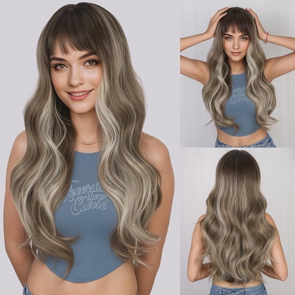 Big wavy fashion wig, women's long curly hair with bangs brown mixed with gold
