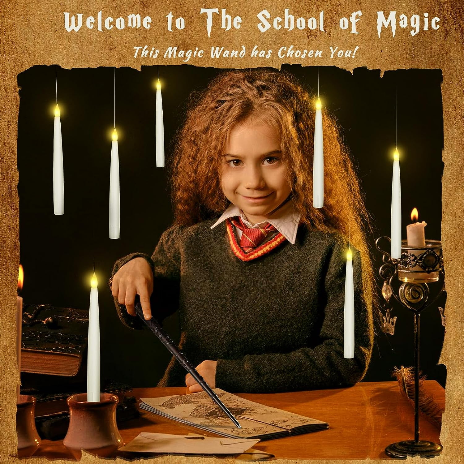 10PCS Floating Candles with Wand, Magic Hanging Candles, Flickering Warm Light LED Flameless Candles with Wand Remote, Halloween Candles Decor Indoor Theme Party
