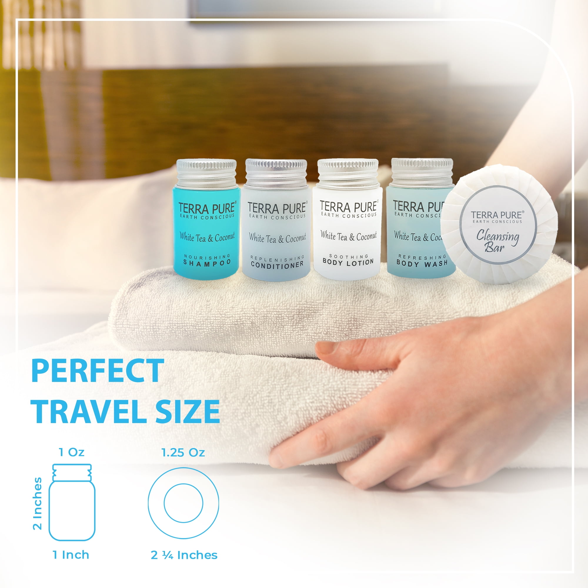 Terra Pure White Tea and Coconut Hotel Soaps and Toiletries Bulk Set | 1-Shoppe All-In-Kit for Hotels | 1oz Shampoo & Conditioner, Body Wash, Lotion & 1.25oz Bar Soap | Travel Size Toiletries 150 Piec