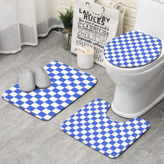 Blue and White Checkered Pattern Bathroom Rugs Sets 3 Piece,Toilet Cover Set,Absorbent Non Slip Bathroom Mats Sets with U-Shaped Contour Rug Toilet Rug Set