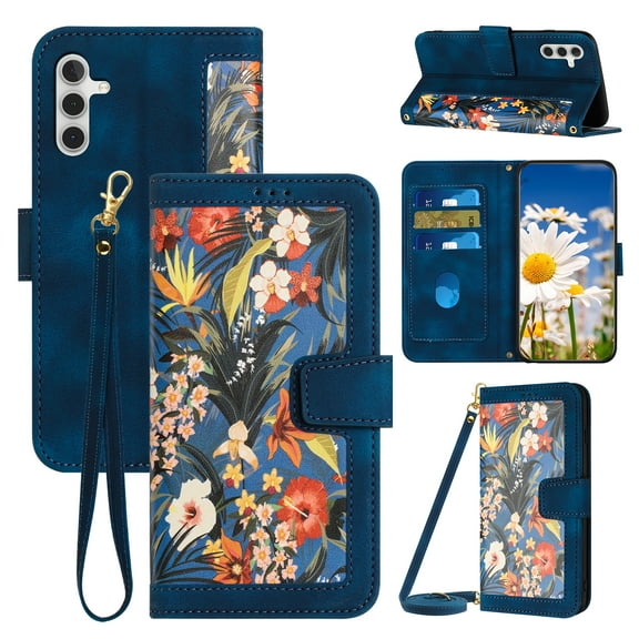 for Samsung Galaxy A26 5G Case, PU Leather Magnetic Closure RFID Blocking Card Slots Kickstand Shockproof Flip Wallet Handbag Flowers Case with Wrist Strap Shoulder Strap for Women & Girls, Darkblue