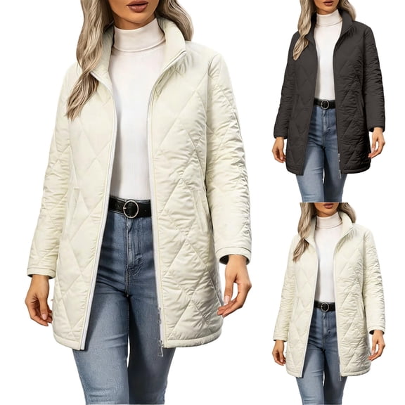 Ladies' Wave Quilted Hooded Padded Jacket for Autumn And Winter, Medium To Long, Thick Coat With Lamb Fleece Inner, Casual Warm Coat White S