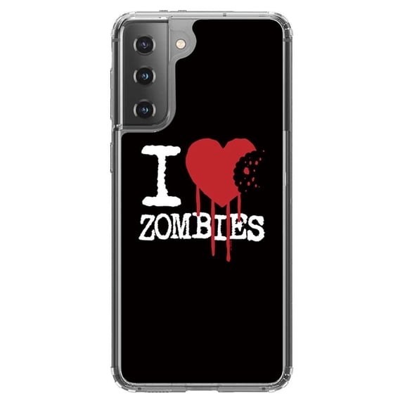 DistinctInk Clear Shockproof Hybrid Case for Galaxy S21  PLUS 5G (6.7" Screen) - TPU Bumper, Acrylic Back, Tempered Glass Screen Protector - I Heart Zombies
