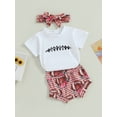 thumbnail image 3 of Bagilaanoe 2pcs Newborn Baby Girl Short Pants Set Short Sleeve Letter Print T Shirt Tops + Shorts + Headband 3M 6M 9M 12M 18M Infant Casual Summer Outfits, 3 of 7