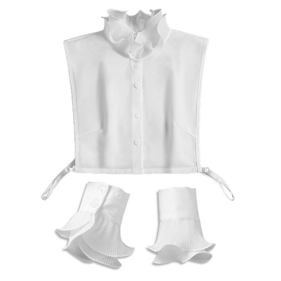 Korean Women 2 Pieces Layered Ruffled Stand False Collar with Fake Sleeves Wristband Set Button Down Detachable Half Shirt Horn Cuffs