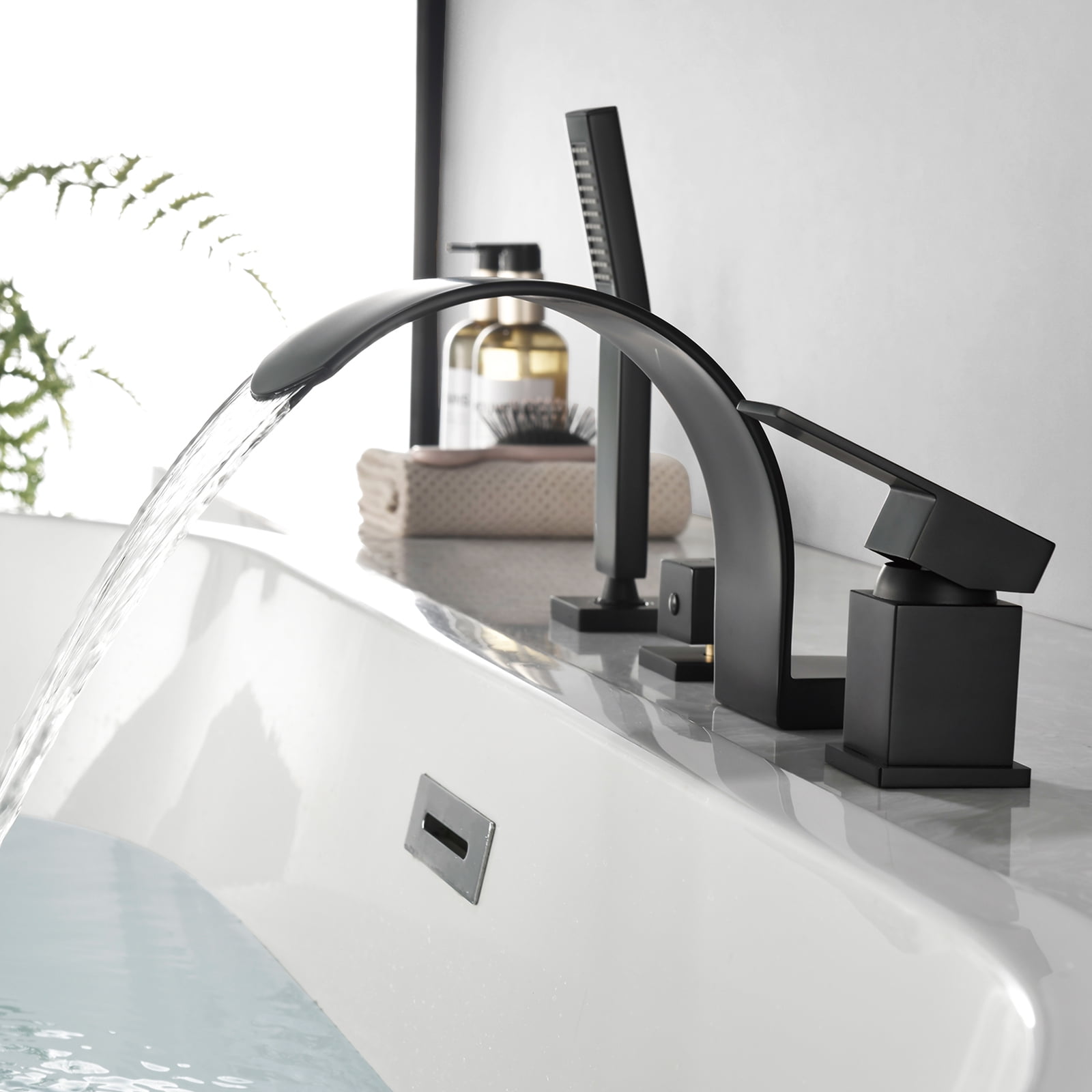 Cobbe Bathroom Bathtub Shower Faucet Set with Handheld Sprayer and 3.78-Inch Wide Tub Spout Single Handle 4-Hole Mount Matte Black