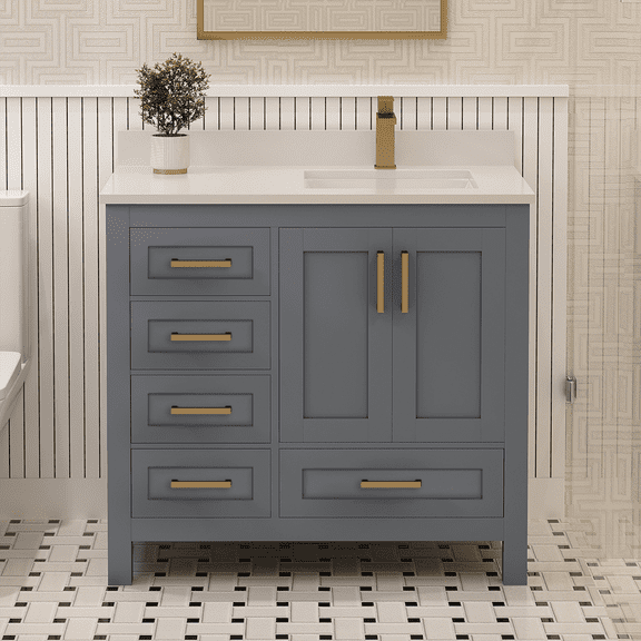 Ayna Decors Rooh 36 in Charcoal Grey Bathroom Vanity Set with White Quartz Countertop | Ceramic Sink | 2 Soft Closing Doors | 5 Full Extention Soft Close Drawer | Gold Hardware