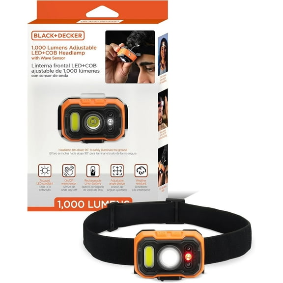 BLACK DECKER 1,000LM LED and COB Headlamp, USB Rechargeable, Adjustable 90° Tilt, Hands-Free Wave Sensor, 7 Lighting Modes, Waterproof IP65, Fits Over Hats & Helmets, Ideal for Camping, Hiking, DIY