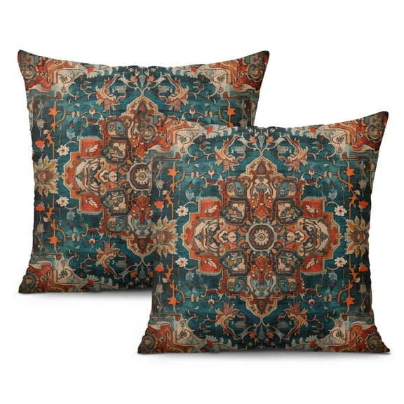 Boho Blue Orange Carpet Pattern Linen Ethnic Design Farmhouse Throw Pillow Covers 18 X 18 Inch, Set Of 2, Linen Study Sofa Cushion Cover Indoor Living Room Home Decor