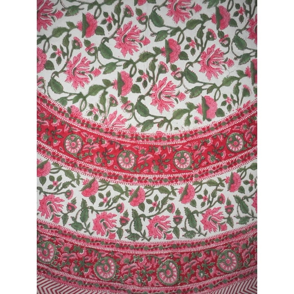 Pretty in Pink Block Print Round Cotton Tablecloth 68" Pink