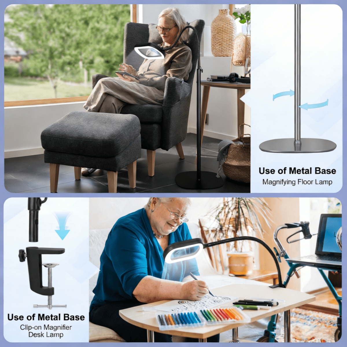 3-in-1 LED Magnifying Floor Lamp with Clamp, 24-inch Flexible Gooseneck, 5 Color Modes Stepless, Hands Free for Reading