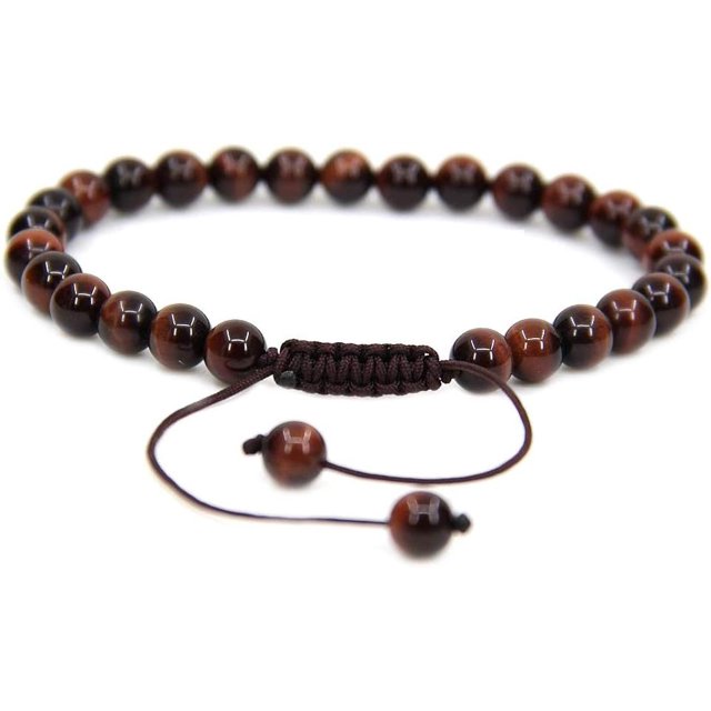 Bracelet Ajustable Unisexe en Perles Rondes de 6 mm en Oeil de Tigre Rouge Naturel de Qualité AA 7 Pouces