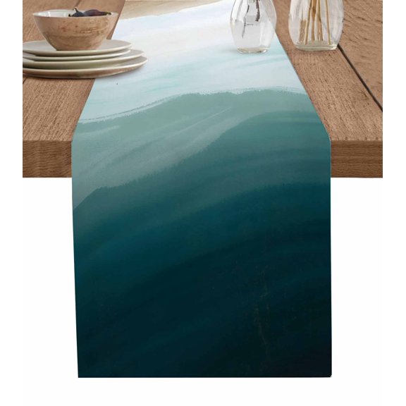 Blue Beach Gradient Table Runner 72 Inches, Boho Sea Waves Ombre Abstract Bed Runner Dresser Scarves Tabletop for Indoor Outdoor Parties/Ceremony/Banquet, 13" x 72"