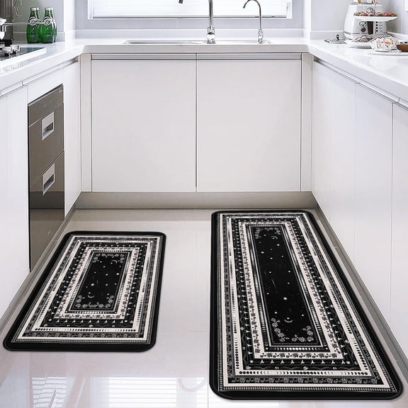 Kitchen Rugs Set of 2, Cushioned Anti-Fatigue Kitchen Mats for Floor, Pet Rug Soft Absorbent Boho Kitchen Rugs Set for Bathroom, Sink, Office, Laundry, 17.3× 47 + 17.3× 30 Black