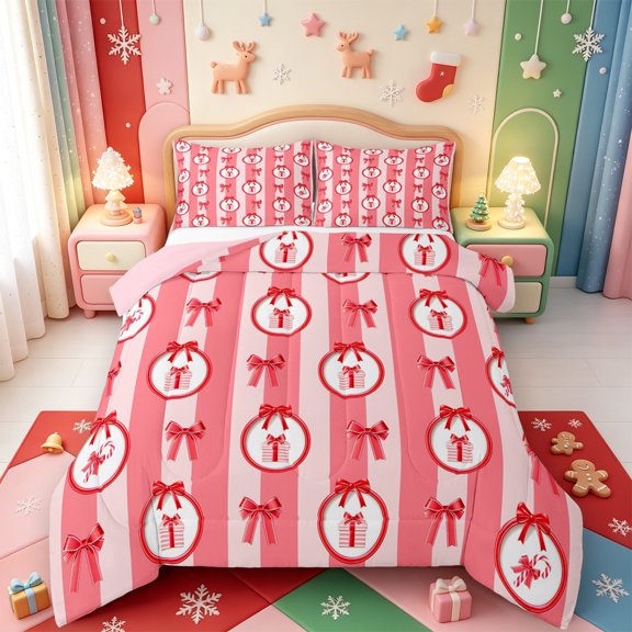 Manfei Vintage Christmas Snowman Full Size Comforter Sets,Merry Xmas Bedding Comforter Set,Pink Reversible,3 Pieces,1 Comforter and 2 Pillowcases