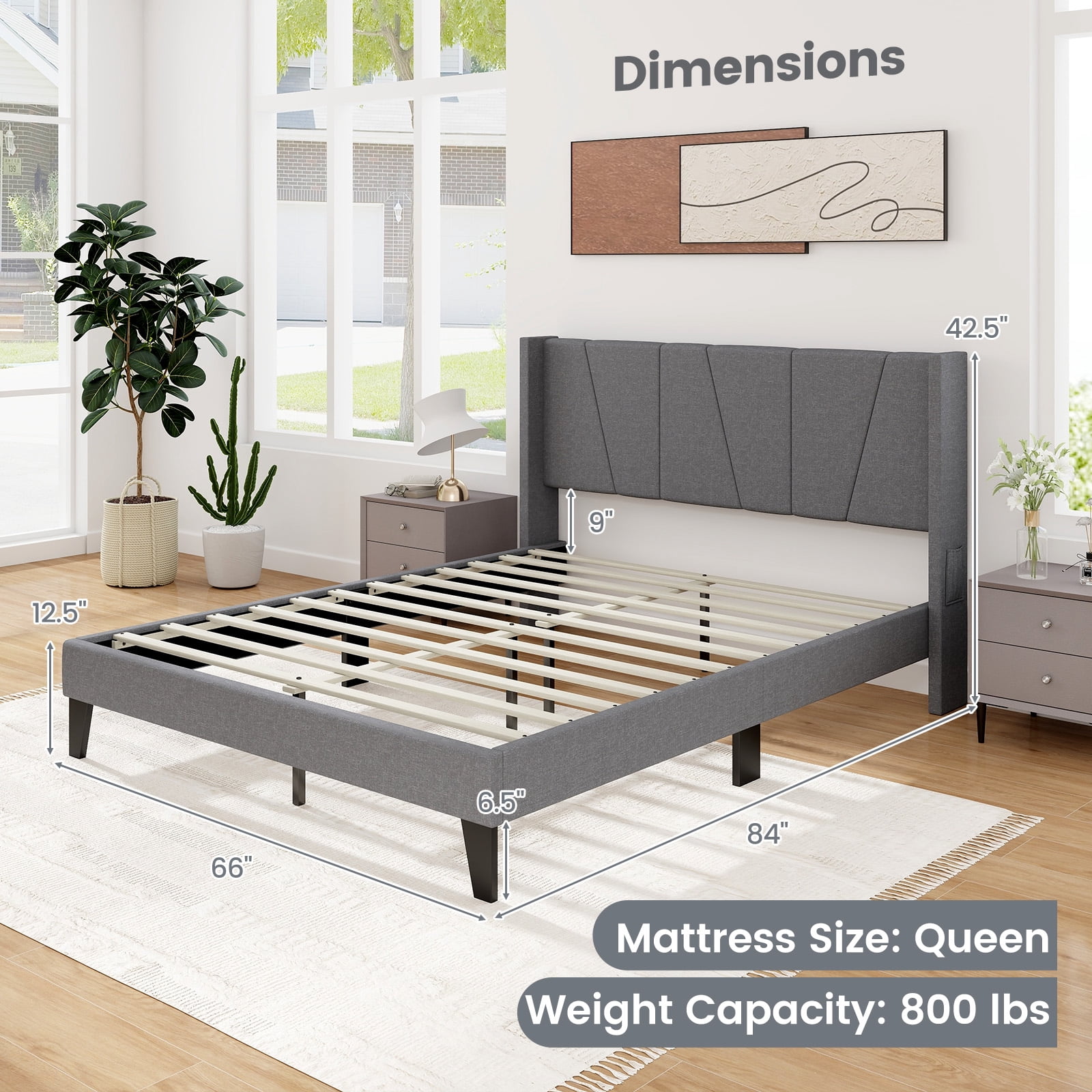 Infans Queen Size Upholstered Bed Frame with Elastic Pockets Mattress Foundation Gray